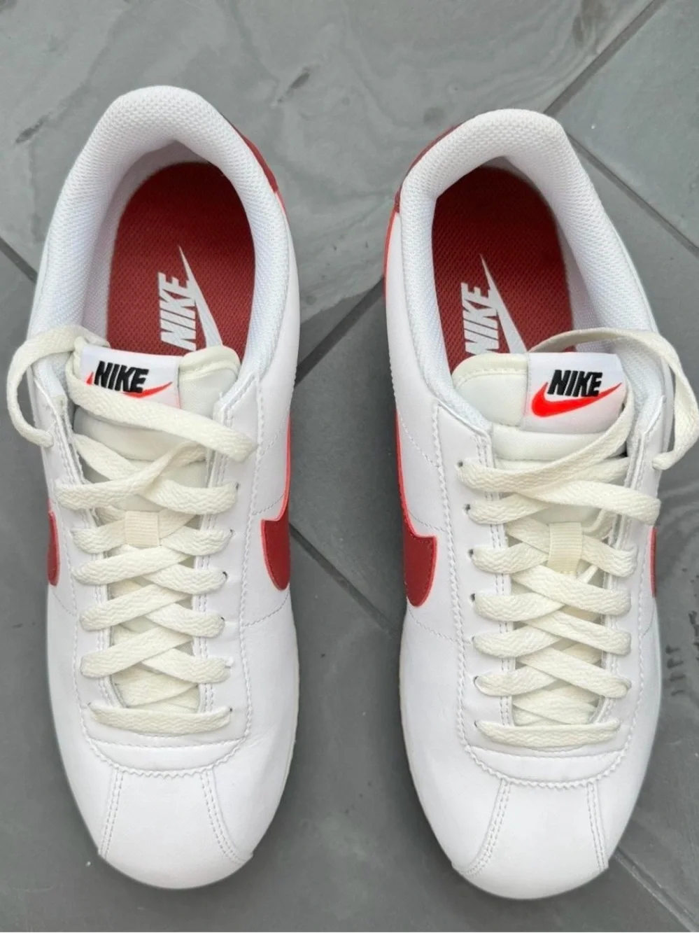 Nike Classic Cortez Sneakers - White, red and salmon.  Women’s US 9.5/Men’s US 8